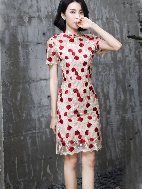Embroidered Rose Mid Modern Cheongsam Qi Pao Dress