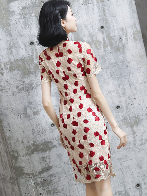 Embroidered Rose Mid Modern Cheongsam Qi Pao Dress