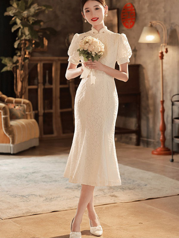 White Lace Fishtail Wedding Cheongsam Qi Pao with Puff Sleeve