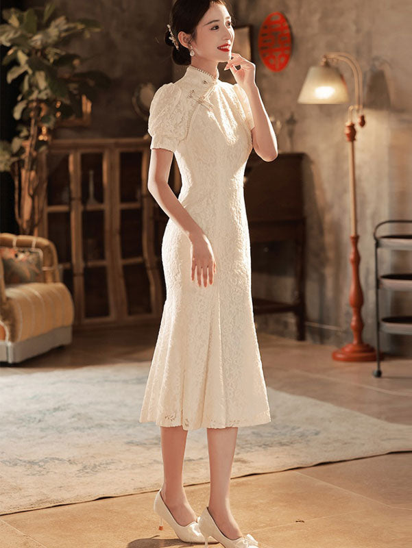 White Lace Fishtail Wedding Cheongsam Qi Pao with Puff Sleeve