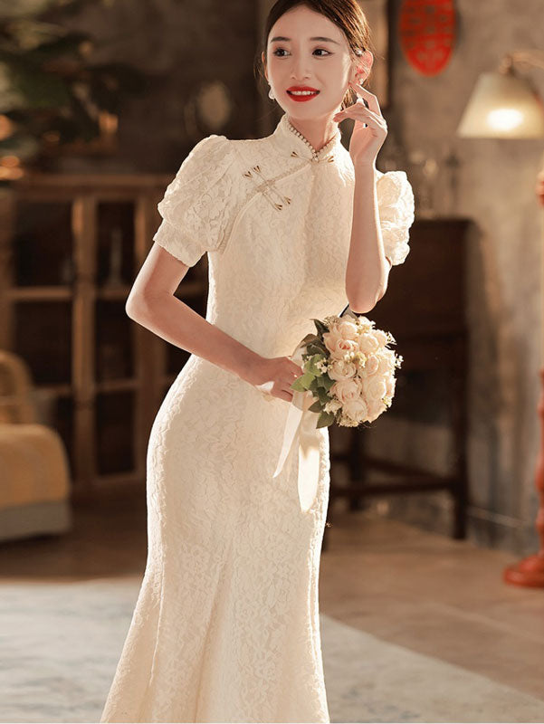 White Lace Fishtail Wedding Cheongsam Qi Pao with Puff Sleeve