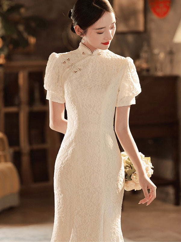 White Lace Fishtail Wedding Cheongsam Qi Pao with Puff Sleeve