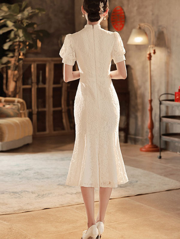 White Lace Fishtail Wedding Cheongsam Qi Pao with Puff Sleeve