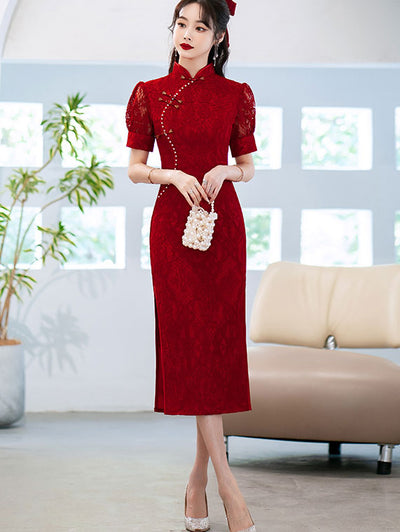 Burgundy Lace Mid Wedding Cheongsam Qi Pao Dress