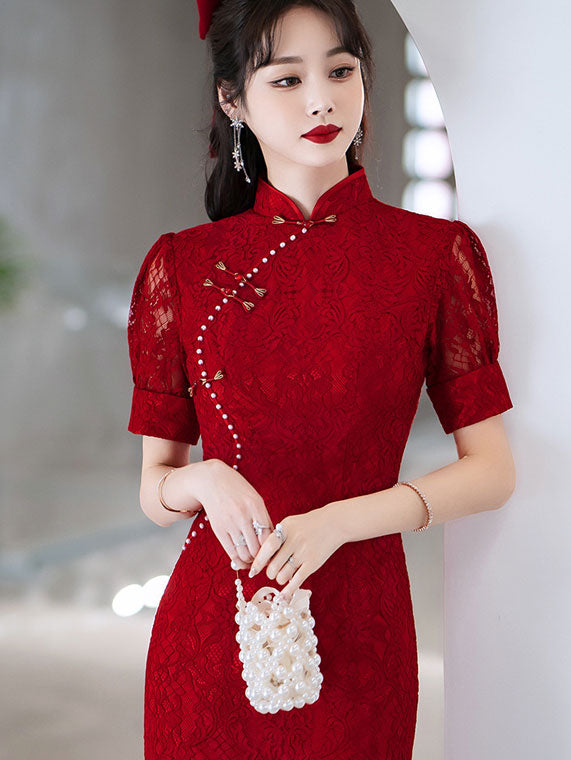 Burgundy Lace Mid Wedding Cheongsam Qi Pao Dress