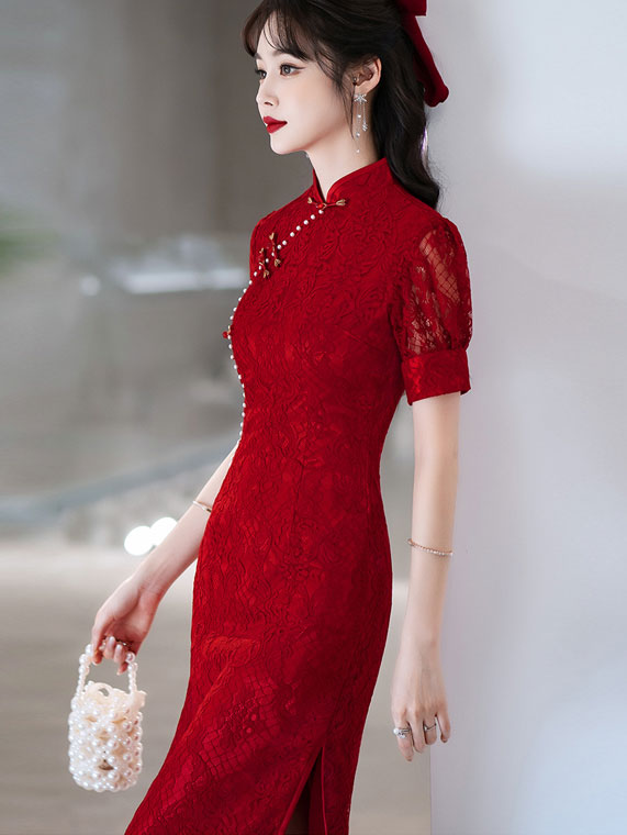 Burgundy Lace Mid Wedding Cheongsam Qi Pao Dress