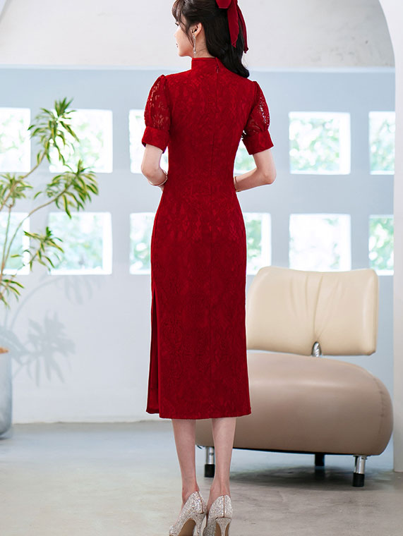 Burgundy Lace Mid Wedding Cheongsam Qi Pao Dress
