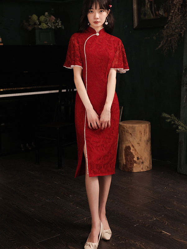 Burgundy Lace Wedding Flutter Sleeve Cheongsam Qi Pao Dress