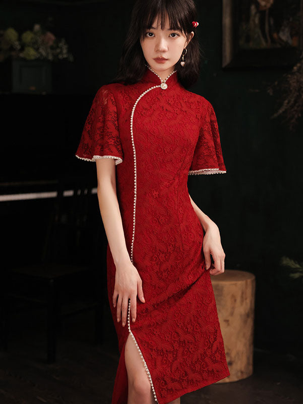 Burgundy Lace Wedding Flutter Sleeve Cheongsam Qi Pao Dress