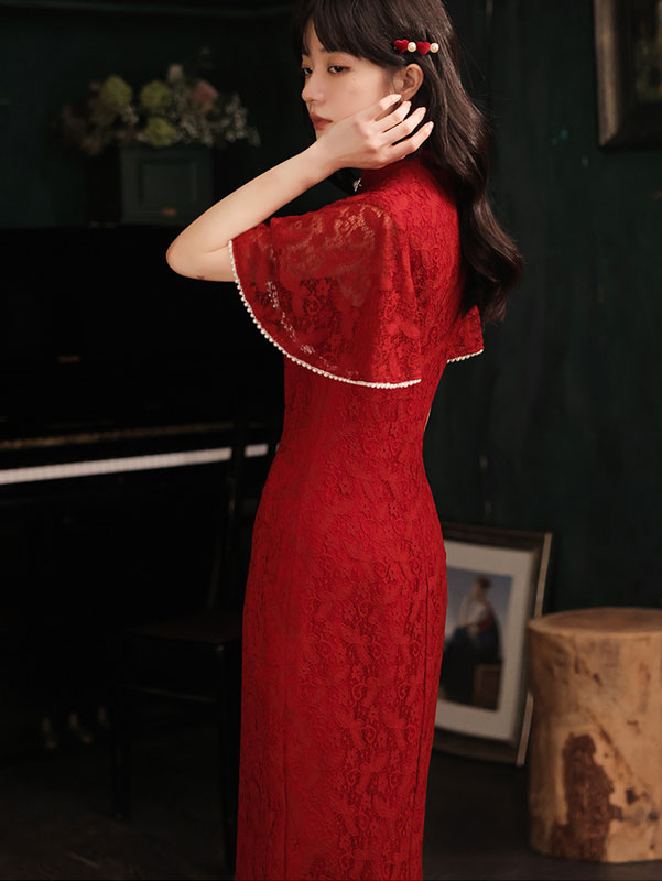 Burgundy Lace Wedding Flutter Sleeve Cheongsam Qi Pao Dress