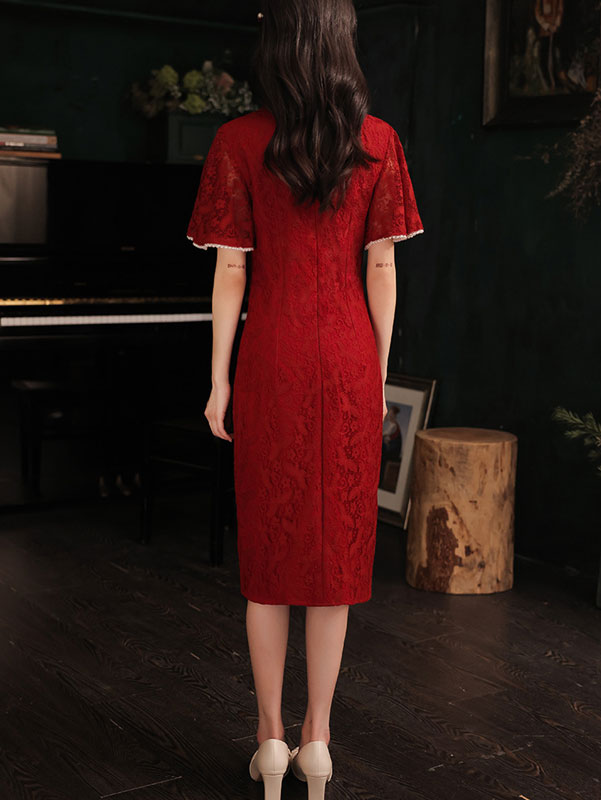 Burgundy Lace Wedding Flutter Sleeve Cheongsam Qi Pao Dress