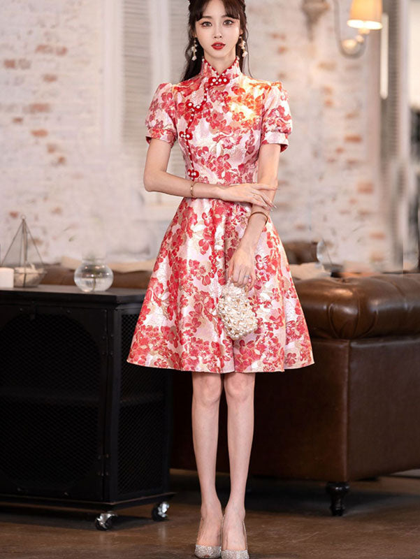 Pink Jacquard A-line  Cheongsam Qi Pao Dress