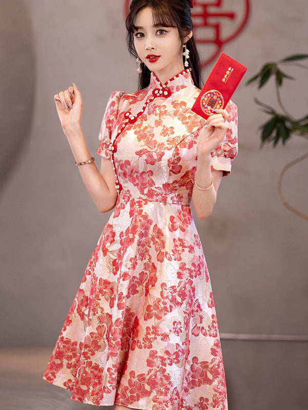 Pink Jacquard A-line  Cheongsam Qi Pao Dress