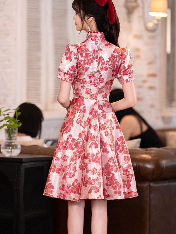 Pink Jacquard A-line  Cheongsam Qi Pao Dress