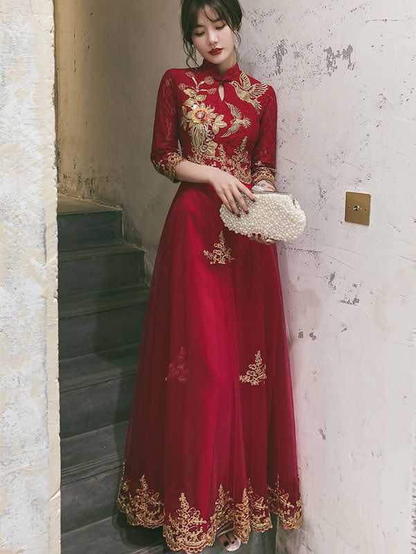 Burgundy Floor Tulle Wedding Cheongsam Qi Pao Dress