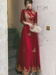Burgundy Floor Tulle Wedding Cheongsam Qi Pao Dress