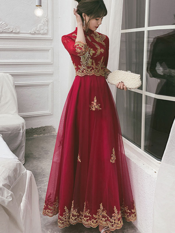 Burgundy Floor Tulle Wedding Cheongsam Qi Pao Dress