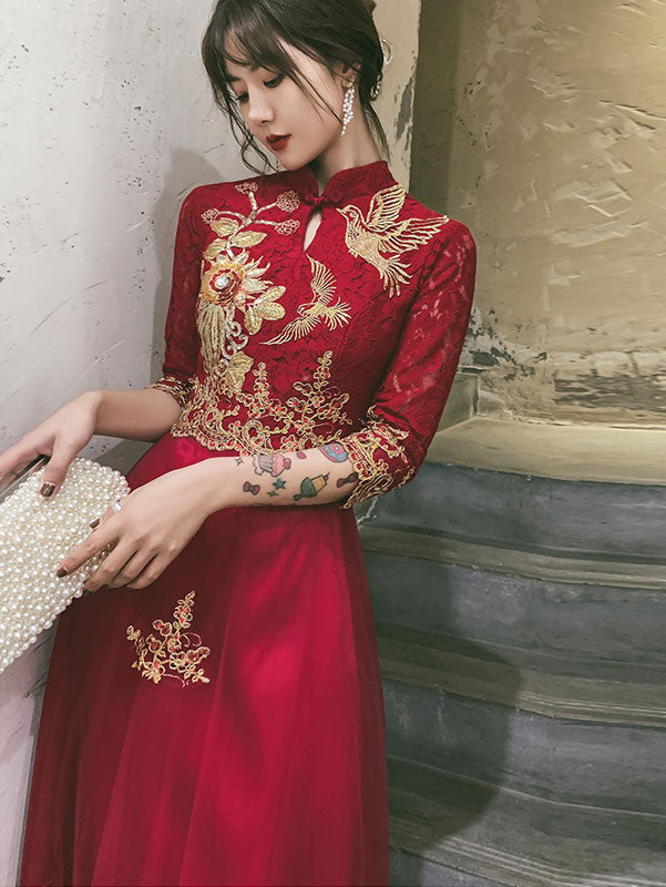 Burgundy Floor Tulle Wedding Cheongsam Qi Pao Dress