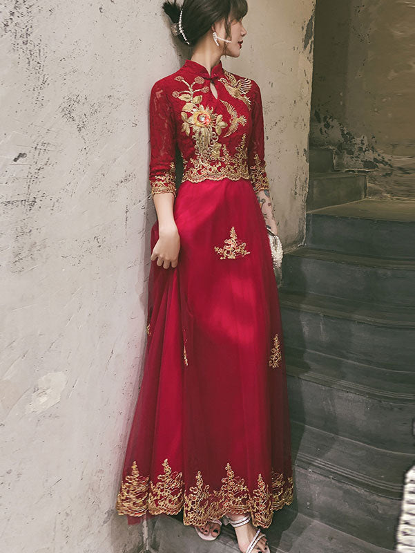 Burgundy Floor Tulle Wedding Cheongsam Qi Pao Dress