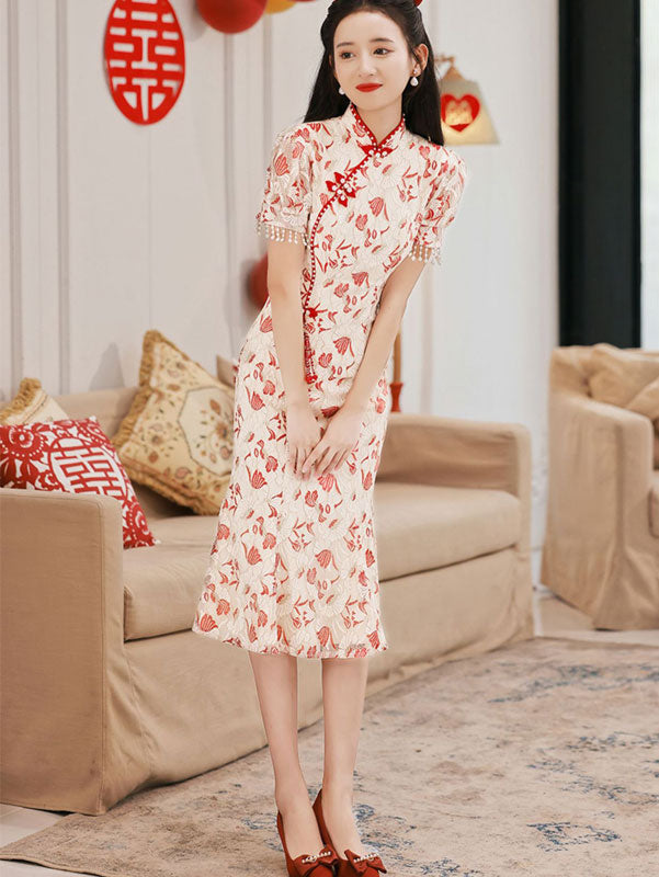 Floral Lace Tea Fishtail Cheongsam Qi Pao Dress