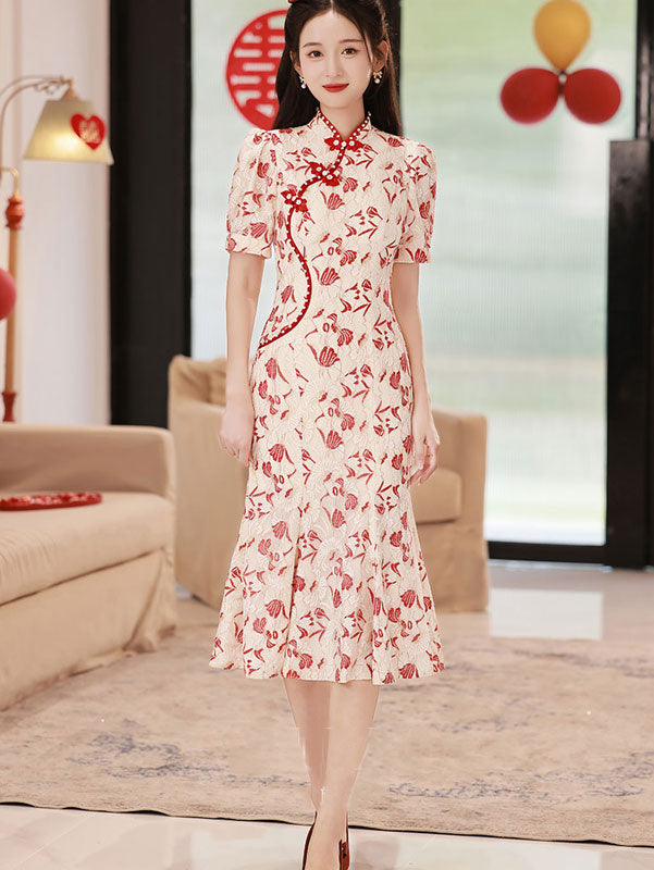 Floral Lace Tea Fishtail Cheongsam Qi Pao Dress