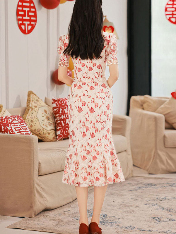 Floral Lace Tea Fishtail Cheongsam Qi Pao Dress