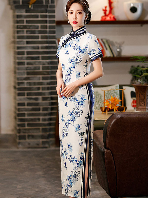 White and Blue Floral Print Cheongsam Qi Pao Dress