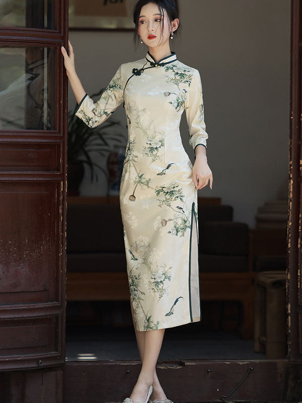 2022 Winter Floral Print Cheongsam Qi Pao Dress