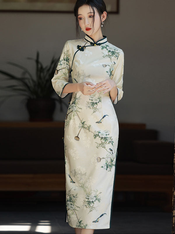 2022 Winter Floral Print Cheongsam Qi Pao Dress