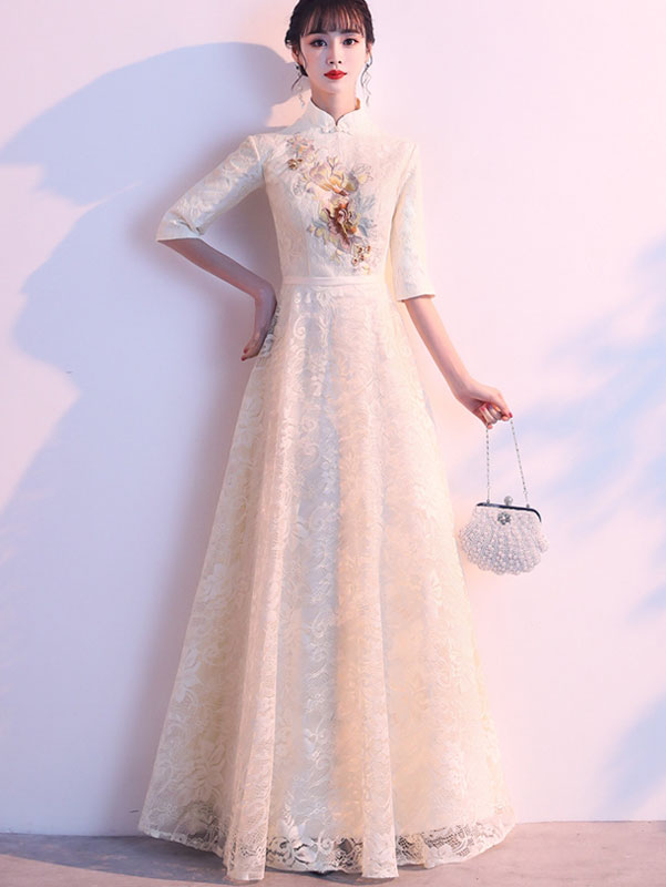 Ivory Embroidered Lace Floor Length Cheongsam Qi Pao Dress