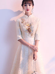 Ivory Embroidered Lace Floor Length Cheongsam Qi Pao Dress