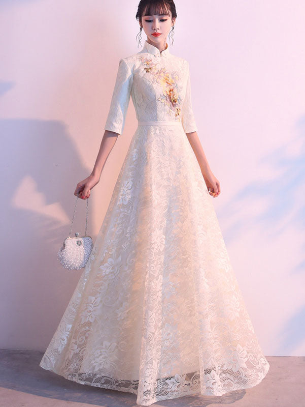 Ivory Embroidered Lace Floor Length Cheongsam Qi Pao Dress