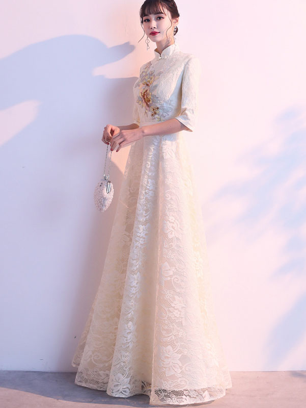 Ivory Embroidered Lace Floor Length Cheongsam Qi Pao Dress