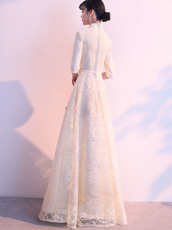 Ivory Embroidered Lace Floor Length Cheongsam Qi Pao Dress