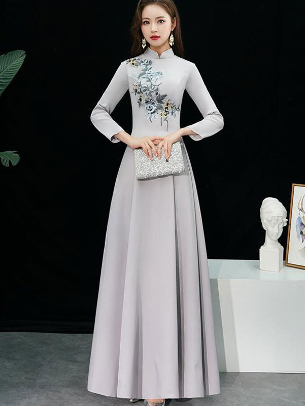 Gold Sequined Brush Train Phoenix Qi Pao Cheongsam Prom Dress