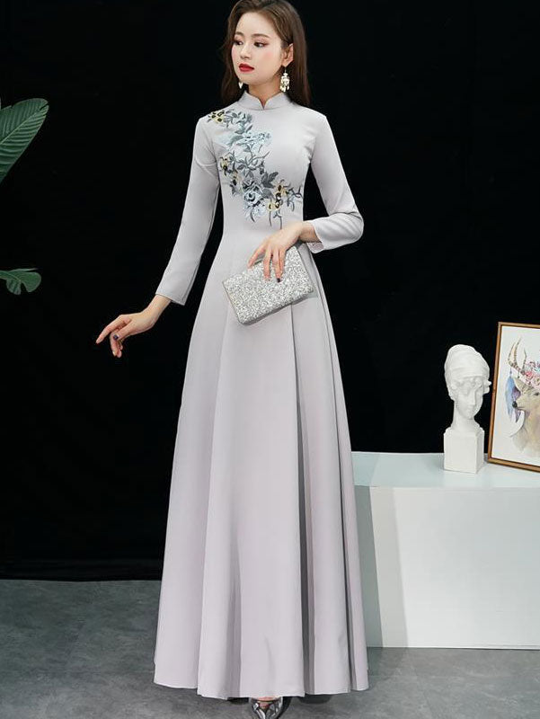 Gold Sequined Brush Train Phoenix Qi Pao Cheongsam Prom Dress