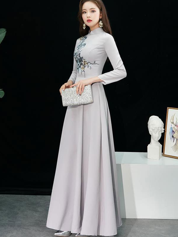 Gold Sequined Brush Train Phoenix Qi Pao Cheongsam Prom Dress