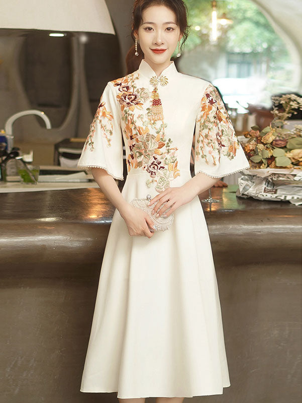 Beige Red Embroidered A-Line Mid Qi Pao Cheongsam Wedding Dress