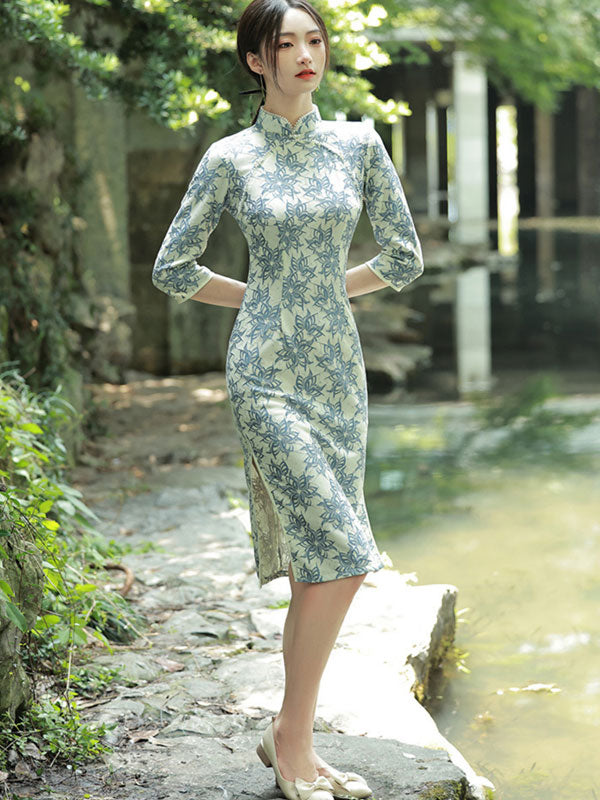 2022 Winter Blue Floral Lace Mid Qi Pao Cheongsam Dress