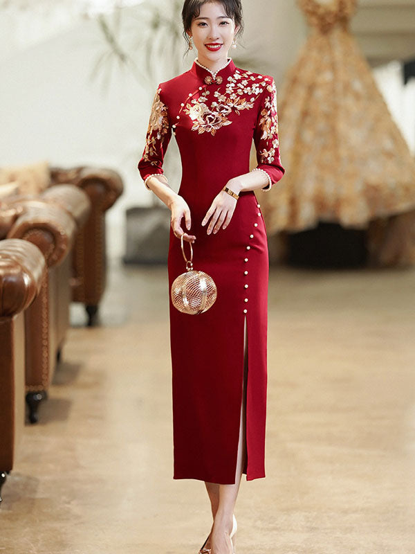 Burgundy Thigh Split Wedding Cheongsam Qi Pao Dress