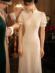 White Jacquard Thigh Split Wedding Cheongsam Qi Pao Dress