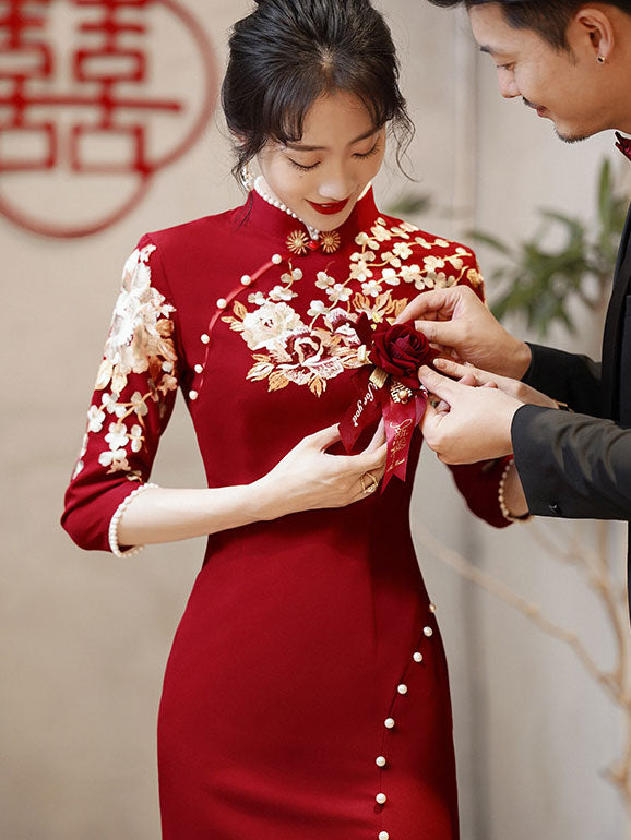 Burgundy Thigh Split Wedding Cheongsam Qi Pao Dress