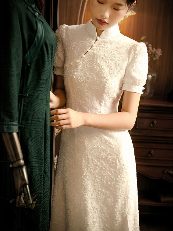 White Jacquard Thigh Split Wedding Cheongsam Qi Pao Dress