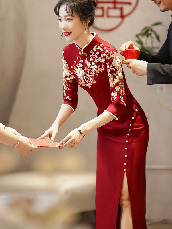 Burgundy Thigh Split Wedding Cheongsam Qi Pao Dress