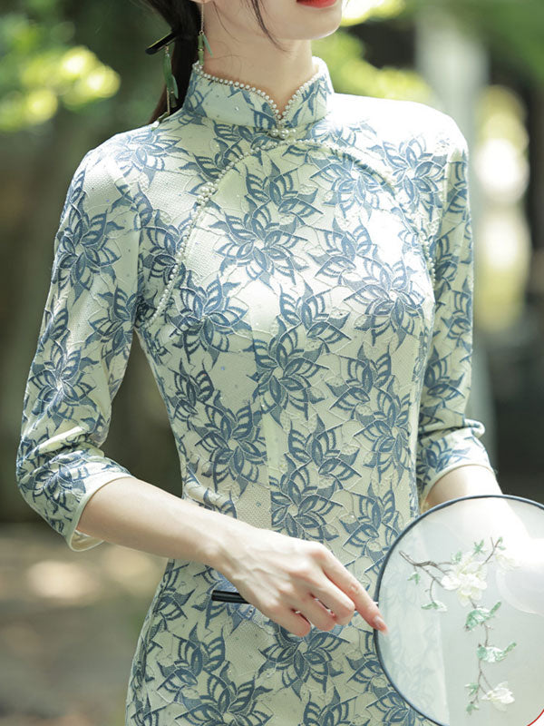 2022 Winter Blue Floral Lace Mid Qi Pao Cheongsam Dress