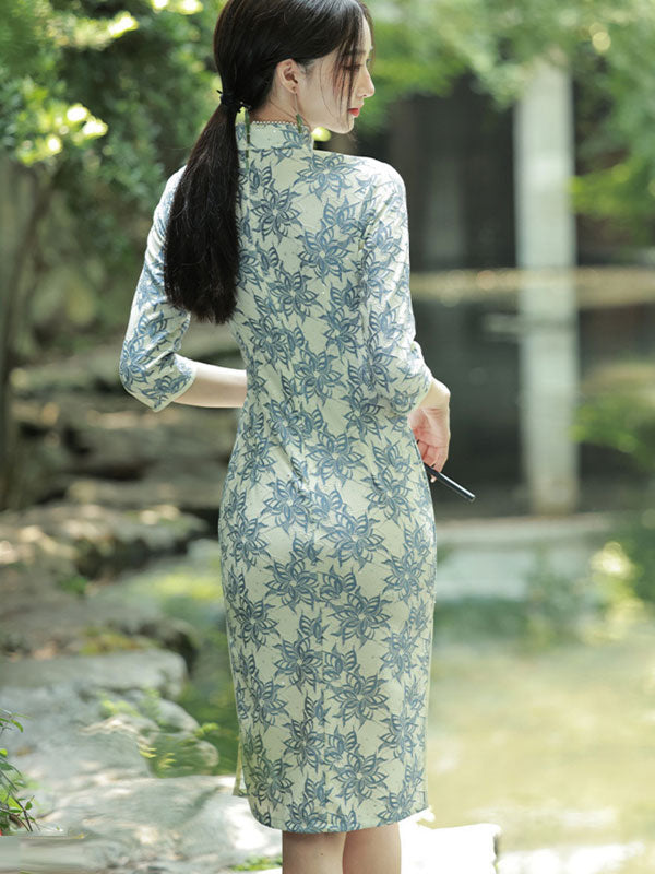 2022 Winter Blue Floral Lace Mid Qi Pao Cheongsam Dress