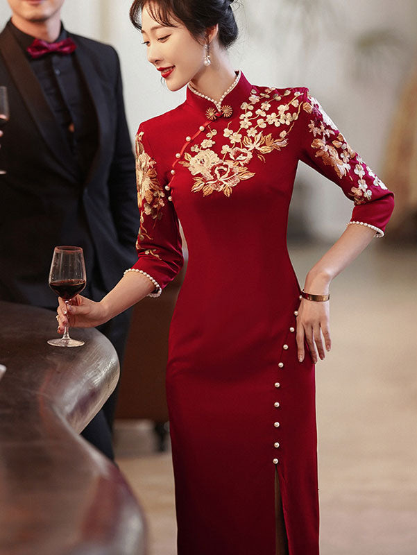 Burgundy Thigh Split Wedding Cheongsam Qi Pao Dress