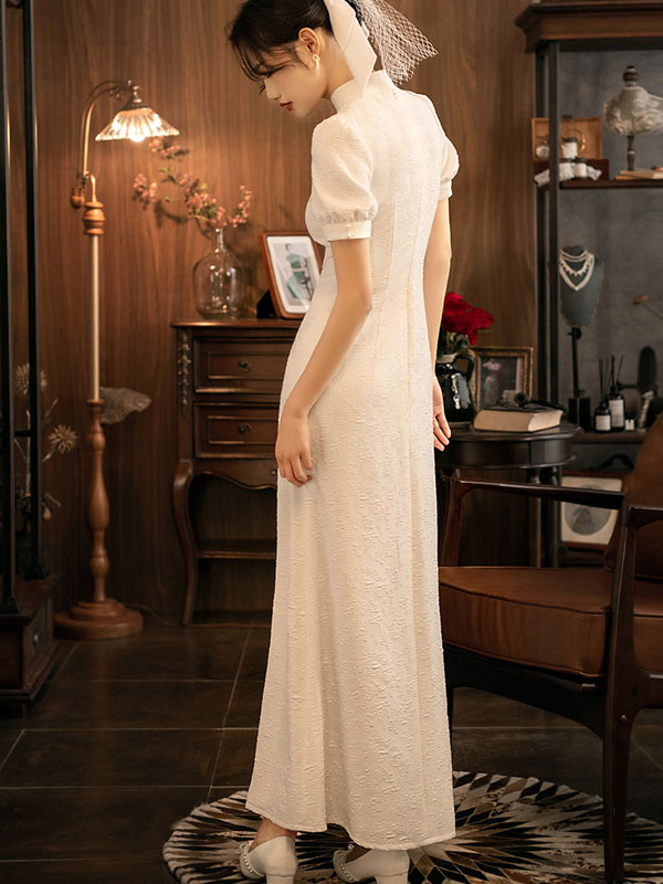White Jacquard Thigh Split Wedding Cheongsam Qi Pao Dress