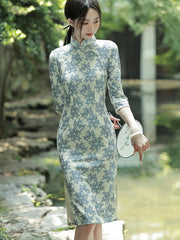 2022 Winter Blue Floral Lace Mid Qi Pao Cheongsam Dress