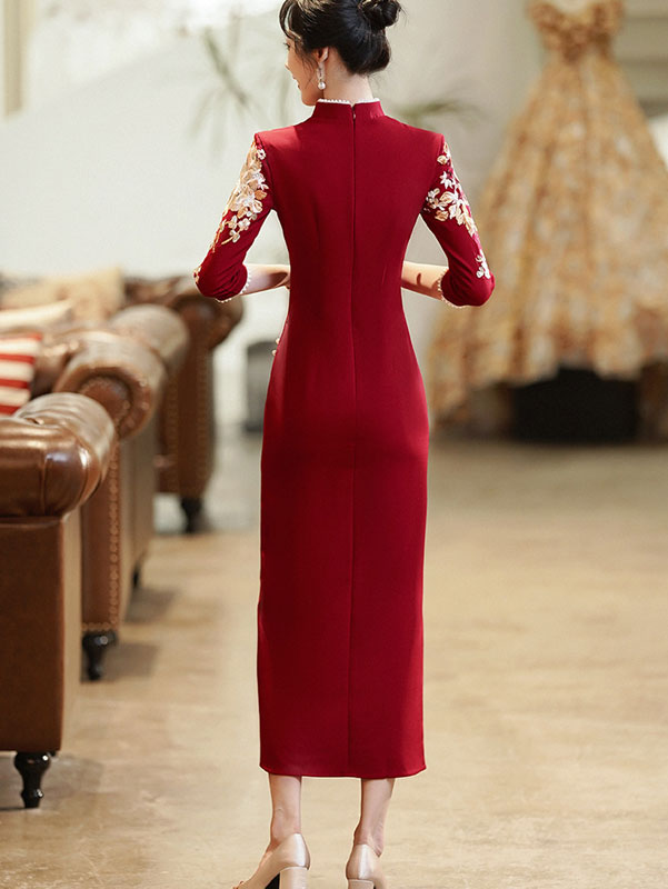 Burgundy Thigh Split Wedding Cheongsam Qi Pao Dress
